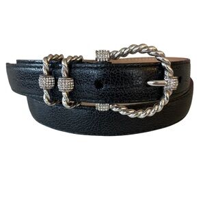 Brighton Black Leather Belt Silver Rope Buckle Rhinestone Detail 34 Small USA